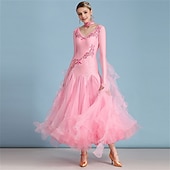 Недорогие Стандартный бальный зал-женское платье для бальных танцев, розовое, с цветочным принтом и стразами, многослойное, элегантное, для выступлений в стиле вальс-фокстрот