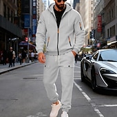 preiswerte Tute basic-Men's Tracksuit Outfit Set Hoodies Set Hoodie Outdoor Daily Sports Drawstring Zip Up Pocket Plain Black Navy Blue Brown Polyester Activewear Fashion Streetwear Fall