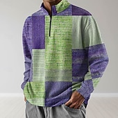abordables Geometric Pattern-Men's Plaid Sweatshirt Fashion Daily Classic Casual Long Sleeve Stand Collar Quarter Zip Outdoor Home Office Work Blue Purple Green Zip Up Fall Winter Designer S M L XL XXL XXXL