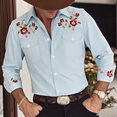 abordables camisas occidentales de los hombres-Hombre Estampado Floral Étnico Flores Camisa camisa occidental Camisa vaquera Manga Larga retro de la vendimia Casual Exterior Para trabajo Primavera Otoño Cuello Vuelto Dos bolsillos delanteros