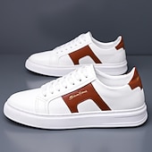 abordables Zapatillas Informales-Zapatillas casuales de piel sintética blanca para hombre con panel de acento marrón y diseño con cordones, zapatos de calle cómodos para atuendos urbanos y deportivos diarios.