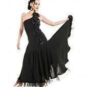cheap Competition Wear-Women's Ballroom Dance Dress One Shoulder Ruffle Latin Tango Waltz Competition Performance Gown Elegant Flowing Skirt – Black