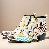 halpa Ensiluokkaiset nahkasaappaat-Miesten valkoiset abstraktin raidalliset nahkaiset cowboy-saappaat vetoketjulla ja metallisella kärjellä, 100% naudannahasta valmistetut taiteelliset nilkkurit lavalle ja tapahtumiin