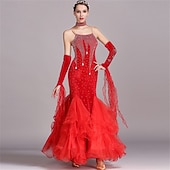 economico Abbigliamento da Competizione-abito da ballo da sala da donna, verde smeraldo, in organza di velluto a rete con strass, a strati, per tango, valzer, foxtrot, competizione