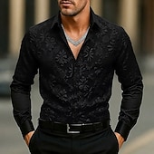 baratos Camisas casuais inteligentes masculinas-Homens Camisa Social Camisa casual camisa de botão Preto Branco Manga Longa Floral Tecido Lapela Férias Casual Jacquard Roupa Moda Chique &amp; Moderno Casual Informal mas elegante