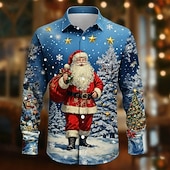 ieftine Tinuta de Mos Craciun-Crăciun Bărbați Mos Craciun Brad de Crăciun Fulg zăpadă Cămașă Camașă cu nasturi Manșon Lung Amuzant Cadouri de Crăciun Concediu Primăvară Toamnă Răsfrânt Imprimare 3D cămăși cu guler Albastru