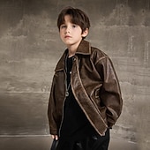 Недорогие Кожаные куртки для мальчиков-Детские Мальчики Черная кожаная куртка Жакет Верхняя одежда Полотняное плетение Длинный рукав Застегнуться ЗАЩИТА ОТ ВЛАГИ Защита от ветра Пальто Повседневные Мода На каждый день Черный Коричневый