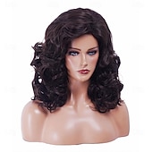 זול פיאות סינטטיות אופנתיות-פאות חום כהה 16 אינץ' לנשים פאה סינתטית טבעית גלית בצבע חום ארוכה לשנות ה-70 וה-80 לשימוש יומיומי