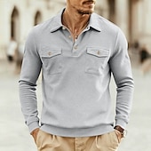 cheap Men&#039;s Classic Polo-Men&#039;s Polo Shirts Golf Shirt Business Casual Ribbed Polo Collar Long Sleeve Fashion Basic Solid Color Buttons Front Pocket Summer Spring &amp;  Fall All Seasons Regular Fit Dark Grey Denim Blue Black