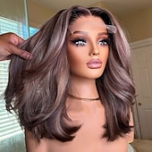 billiga Human Hair Lace Front Wigs-Brazilian Hair 100% Unprocessed Virgin Hair 5x5 Closure Wigs  Ash Blonde Highlighted 13x4 Lace Front Human Hair Wig Short Bob Wavy Wig Natural Hairline