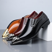 billige Loafers-Brune slip-on pensko i kunstskinn med metalltåhette til herre, elegante fest- og forretningssko