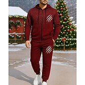 Недорогие спортивные костюмы-Новогодняя тематика Муж. Спортивный костюм из двух частей Толстовка с капюшоном для отдыха Толстовка на молнии Полный почтовый индекс с карманом Геометрический принт Наборы одежды Весна Черный Винный