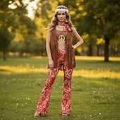 cheap Outfits-Set Retro Vintage 1970s Outfits Vest Bell Bottom Pants with Accessories Hippie Fancy Dress Women's Halloween Carnival Casual Daily Music Festival Adults' Cravat Top Pants