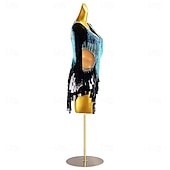 Robe de danse latine pour femme, bleu glacier, noir, franges, strass, manches longues, costume de performance pour compétition de cha cha rumba samba abordables robe de compétition-Robe de danse latine pour femme, bleu glacier, noir, franges, strass, manches longues, costume de performance pour compétition de cha cha rumba samba