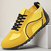 baratos Tênis Casuais-Tênis casual masculino amarelo e preto com design de malha respirável, calçado leve e antiderrapante para caminhadas ao ar livre, viagens e estilo cotidiano