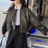 economico Giubbotti di Pelle per Ragazze-Bambini Ragazze Giacca in pelle nera Giacca di pelle Tinta unica Moda Cerniera Tasca All&#039;aperto Cappotto Capispalla 4-12 Anni Autunno Marrone