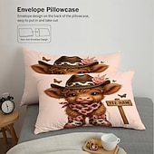 baratos Conjuntos de capa de edredão-Conjunto de capa de edredom de 3 peças com estampa de vaca das terras altas e flores fofas para cama grande, capa de edredom curta e macia com 2 fronhas – roupa de cama para quarto de hotel,