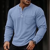 Недорогие Повседневная футболка Хенли-SoftFade™ Мужская футболка Henley длинный рукав Henley весна осень винтаж ретро винтажная повседневная винтажного стиля выцветшая стиранная повседневная голубой черный темно-синий топ футболка для