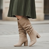 olcso Slouch Boots-női szürke velúr bő szárú csizma hegyes orrú és tömbsarkú cipővel - elegáns őszi és téli lábbelik hétköznapokra és elegáns alkalmakra