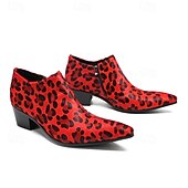 levne Prémiové kožené boty-Pánské červené kožené kotníkové boty s leopardím vzorem – poutavá vánoční obuv pro sváteční setkání i neformální slavnostní příležitosti