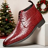 abordables Chaussures de Noël pour Hommes-Bottines en similicuir rouge à motif crocodile pour homme – Chaussures habillées à lacets tendance pour les fêtes, la vie nocturne et les occasions spéciales