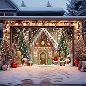 Недорогие Рождественские чехлы на гаражные ворота-Новогодняя тематика гобелен Крышка гаражной двери Большое Подвесное Пряничный домик Симпатичные Стиль 3D Вечеринка На открытом воздухе Праздник Фоны для съемки Ярд (0,9 м) Домашний декор