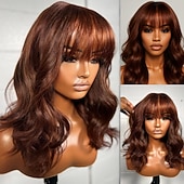 cheap Human Hair Lace Front Wigs-Remy Human Hair 5x5 Closure 13x4 Lace Front Wig Neat Bang With Bangs Brazilian Hair Body Wave Brown Wig 150% 180% Density with Baby Hair 100% Virgin Glueless Pre-Plucked For Women Long Human Hair
