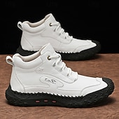 economico Stivaletti alla caviglia-scarponi da trekking bianchi da uomo fatti a mano: design in similpelle resistente e confortevole, perfetti per le avventure all'aria aperta e per l'uso quotidiano