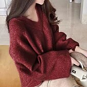 olcso Pulóverek és felsők-Női Pulóver Utcai sikk Alkalmi Tömör szín V-alakú Kötött Hosszú ujj Normál felsők Kötött Napi Szabadság Alkalmi Arcpír rózsaszín Rubin Ősz Tél