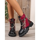 Недорогие Женские ботинки-Модные армейские ботинки на массивном каблуке с цепочкой в форме сердца – бордовые и черные