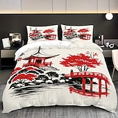 baratos Conjuntos de capa de edredão-Conjunto de capa de edredom de 3 peças com pintura a tinta estilo chinês para cama queen size, capa de edredom macia com 2 fronhas – hotel &amp;roupa de cama para quarto de hóspedes, aconchegante
