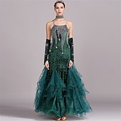 economico Abbigliamento da Competizione-abito da ballo da sala da donna, verde smeraldo, in organza di velluto a rete con strass, a strati, per tango, valzer, foxtrot, competizione