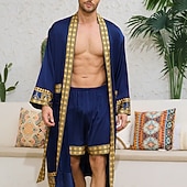 abordables Pyjamas-Homme Pyjamas Robe en soie Vêtements de Nuit Robe de bain Impressions Graphiques Mode Élégant Classique Maison Quotidien Lit Polyester Confort Doux Col en V manche longue Ceinture Incluse Printemps