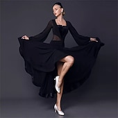 economico Abbigliamento da Competizione-abito da ballo da sala da donna in chiffon nero a maniche lunghe, elegante abito da competizione per valzer, tango, foxtrot