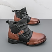 baratos Botas de trabalho-Botas masculinas de couro sintético bicolor, pretas e marrons, com tira de fivela lateral e design de gáspea dobrada, botas vintage feitas à mão para amantes da moda retrô