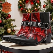 olcso Férfi karácsonyi cipők-Férfi piros és fekete lángmintás bőr bokacsizma láncpánttal és fém részletekkel, 100% marhabőr western csizma rockkoncertekre és bulikra