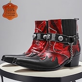 olcso Férfi karácsonyi cipők-Férfi piros és fekete lángmintás bőr bokacsizma láncpánttal és fém részletekkel, 100% marhabőr western csizma rockkoncertekre és bulikra