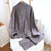 cheap Men's Pajamas-Men's Sleepwear Pajama Set Pajama Top and Pant 1 set Plaid Fashion Stylish Classic Home Daily Bed Cotton Comfort Soft Breathable Lapel Long Sleeve Shirt Pant Elastic Waist Buttons Spring Fall Navy