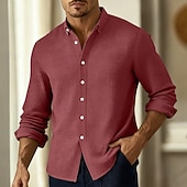 cheap Men's Smart Casual Shirts-Men's Shirt Waffle Shirt Casual Shirt Button Up Shirt Black Wine Navy Blue Green Long Sleeve Plain Lapel Casual Daily Clothing Apparel Fashion Streetwear Casual