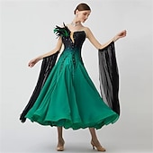 preiswerte Wettbewerbsbekleidung-Damen-Ballsaal-Tanzkleid mit Federschultern, Strass-Farbverlauf, Walzer-Tango-Wettbewerbskleid mit fließenden Chiffonärmeln – Grün-Schwarz