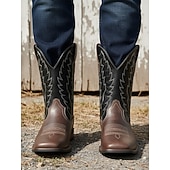 billiga Cowboy &amp; Western Boots-herr western cowboystövlar med fyrkantig tå slip-on halvhög vad ridstövlar avslappnade lantliga skor för dagligt bruk