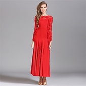 economico Sala da Ballo Standard-Abito da ballo da sala con dettagli in pizzo per donna - abito a trapezio a maniche lunghe con dettagli arricciati per competizioni, balli latini ed eventi di danza - azzurro