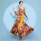 economico Sala da Ballo Standard-abito da ballo da sala con stampa floreale per donna - abito a trapezio con maniche lunghe e accenti gialli per competizioni, latino americani ed eventi di danza - rosso&amp;amp;floreale