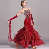 economico Abbigliamento da Competizione-abito da ballo da sala da donna, verde smeraldo, in organza di velluto a rete con strass, a strati, per tango, valzer, foxtrot, competizione