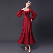 economico Abbigliamento da Competizione-abito da ballo da sala da donna in chiffon nero a maniche lunghe, elegante abito da competizione per valzer, tango, foxtrot