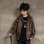 Недорогие Кожаные куртки для мальчиков-Детские Мальчики Черная кожаная куртка Жакет Верхняя одежда Полотняное плетение Длинный рукав Застегнуться ЗАЩИТА ОТ ВЛАГИ Защита от ветра Пальто Повседневные Мода На каждый день Черный Коричневый