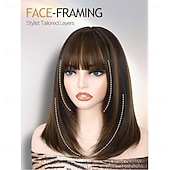 voordelige Synthetische trendy pruiken-Highlight gelaagde pruiken met pony 14 inch kort gemengd bruin lijmloos kant-en-klare rechte synthetische bobpruiken voor vrouwen realistische hoofdhuid dagelijks cosplaygebruik