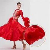 abordables Vêtements de Compétition-Robe de danse de salon pour femme, manches en plumes et strass, tenue de compétition de valse et de tango, avec dos transparent – rouge