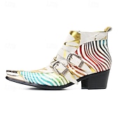 halpa Ensiluokkaiset nahkasaappaat-Miesten valkoiset abstraktin raidalliset nahkaiset cowboy-saappaat vetoketjulla ja metallisella kärjellä, 100% naudannahasta valmistetut taiteelliset nilkkurit lavalle ja tapahtumiin