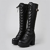 voordelige Platformlaarzen-Zwarte platform veterschoenen voor dames tot aan de knie met dikke hakken en gespdetail – gothic of punkstijl voor herfst en winter